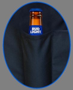 Closeup of beer bottle snug in the narrower pocket