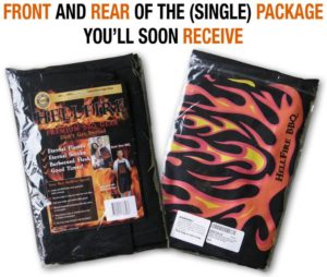 Apron and insert shown front and rear in plastic bag wrap--text says this is package you will soon receive