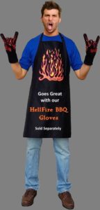 man wearing apron and gloves posing with devils horns rock fingers