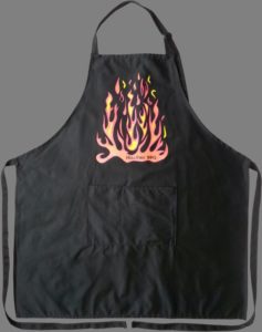 black apron with flames and branding